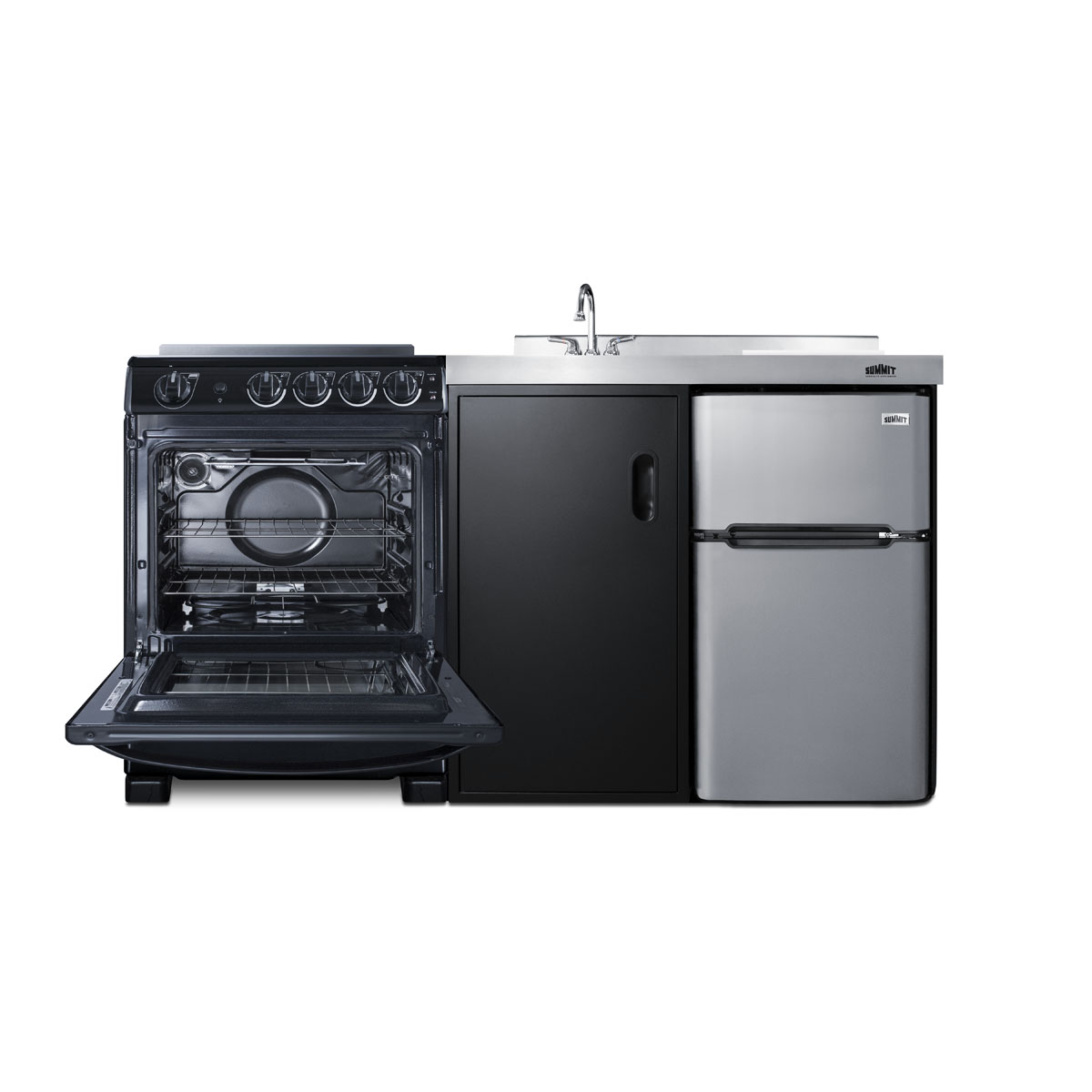 64 inch wide all-in-one kitchenette with 4-burner 220V smooth-top electric range, refrigerator-freezer sink, cutting board and cutlery storage, and storage cabinet in a black exterior finish